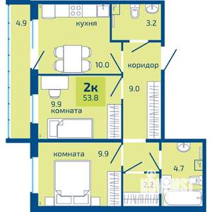 2-к квартира, строящийся дом, 54м2, 1/10 этаж