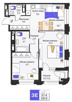 3-к квартира, строящийся дом, 59м2, 6/19 этаж