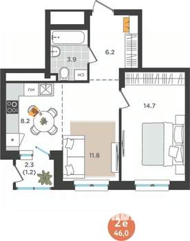 2-к квартира, вторичка, 46м2, 22/25 этаж