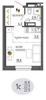 Студия квартира, строящийся дом, 23м2, 20/25 этаж
