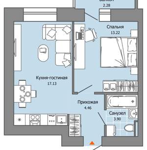 1-к квартира, вторичка, 39м2, 2/9 этаж