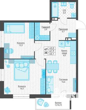 3-к квартира, строящийся дом, 63м2, 6/8 этаж