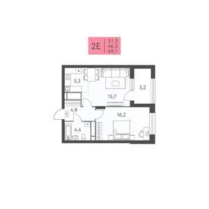 2-к квартира, строящийся дом, 49м2, 8/22 этаж