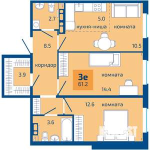 3-к квартира, строящийся дом, 61м2, 2/10 этаж