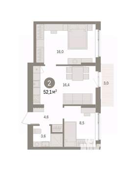 2-к квартира, вторичка, 52м2, 3/16 этаж