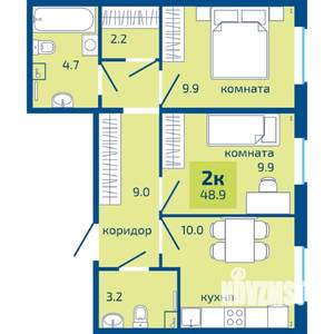 2-к квартира, строящийся дом, 49м2, 1/10 этаж