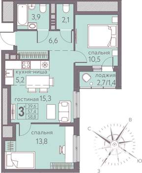 3-к квартира, строящийся дом, 59м2, 5/22 этаж