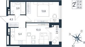 2-к квартира, строящийся дом, 39м2, 11/15 этаж