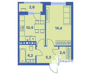 1-к квартира, вторичка, 38м2, 6/9 этаж