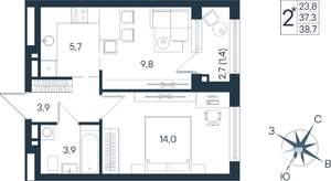 2-к квартира, строящийся дом, 39м2, 12/15 этаж