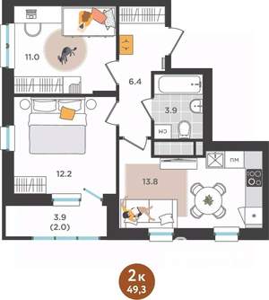 2-к квартира, строящийся дом, 49м2, 6/25 этаж