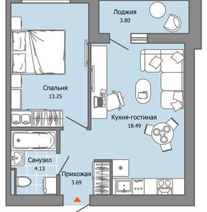 1-к квартира, вторичка, 41м2, 5/9 этаж
