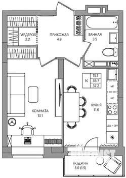 1-к квартира, вторичка, 37м2, 4/9 этаж