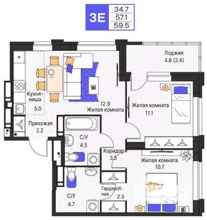 3-к квартира, строящийся дом, 60м2, 19/25 этаж