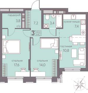 Студия квартира, строящийся дом, 64м2, 9/22 этаж