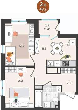 2-к квартира, вторичка, 49м2, 3/25 этаж