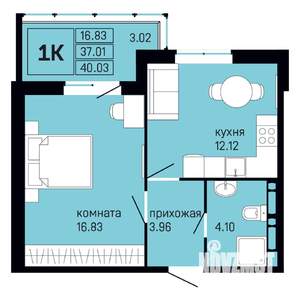 1-к квартира, вторичка, 40м2, 12/16 этаж