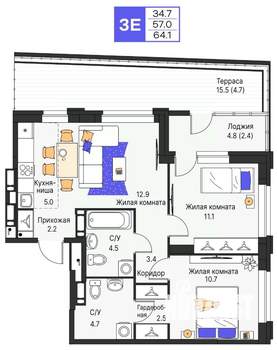 3-к квартира, строящийся дом, 64м2, 9/25 этаж