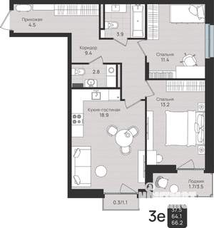 3-к квартира, вторичка, 66м2, 4/6 этаж