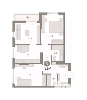 3-к квартира, вторичка, 73м2, 13/16 этаж