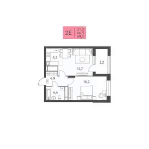 2-к квартира, вторичка, 49м2, 8/22 этаж