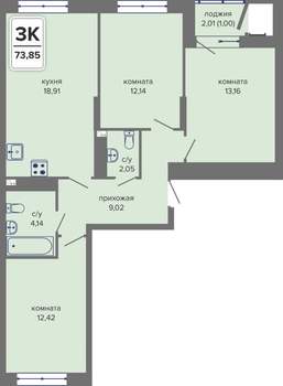 3-к квартира, вторичка, 74м2, 4/14 этаж