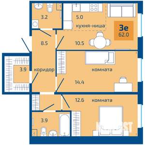 3-к квартира, вторичка, 62м2, 1/10 этаж