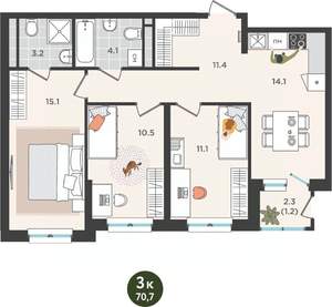 3-к квартира, вторичка, 71м2, 8/25 этаж