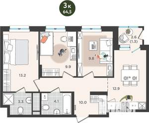 3-к квартира, строящийся дом, 65м2, 6/25 этаж