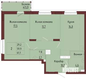 2-к квартира, строящийся дом, 64м2, 2/9 этаж