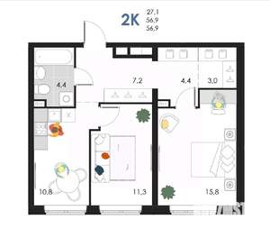 2-к квартира, вторичка, 57м2, 1/6 этаж
