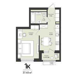 1-к квартира, строящийся дом, 37м2, 4/16 этаж