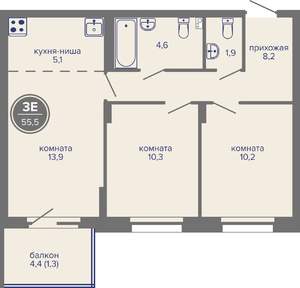 3-к квартира, вторичка, 56м2, 3/26 этаж