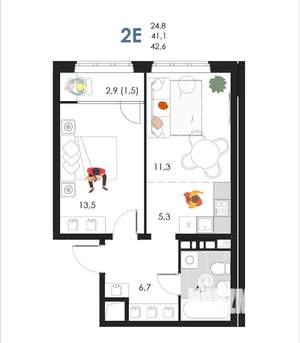 2-к квартира, вторичка, 43м2, 6/6 этаж