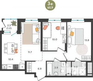 3-к квартира, вторичка, 61м2, 23/25 этаж