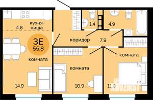 3-к квартира, вторичка, 56м2, 6/7 этаж
