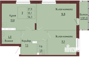 2-к квартира, строящийся дом, 59м2, 3/9 этаж