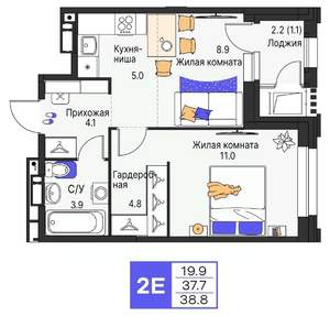2-к квартира, строящийся дом, 39м2, 12/19 этаж