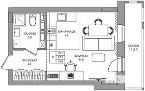 Студия квартира, вторичка, 29м2, 4/9 этаж