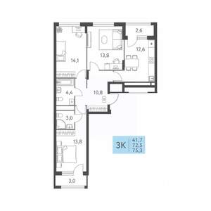 3-к квартира, вторичка, 75м2, 2/22 этаж