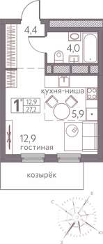 Студия квартира, строящийся дом, 27м2, 5/20 этаж