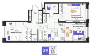 3-к квартира, вторичка, 62м2, 7/25 этаж