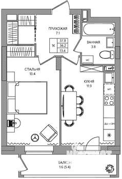 1-к квартира, вторичка, 38м2, 2/9 этаж