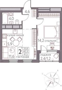 2-к квартира, строящийся дом, 42м2, 10/20 этаж