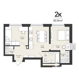 2-к квартира, строящийся дом, 51м2, 3/16 этаж