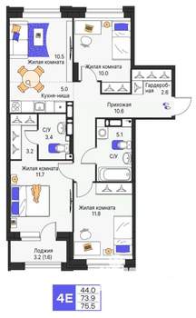 4-к квартира, строящийся дом, 76м2, 3/9 этаж