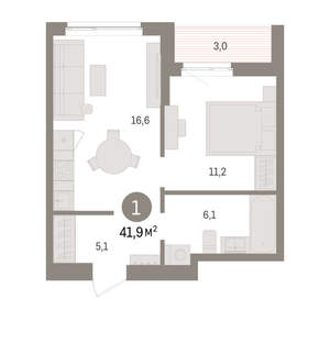 1-к квартира, вторичка, 42м2, 9/16 этаж