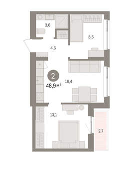 2-к квартира, вторичка, 49м2, 9/11 этаж