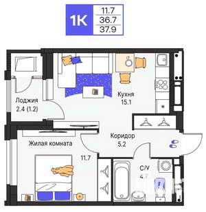 1-к квартира, строящийся дом, 38м2, 17/25 этаж