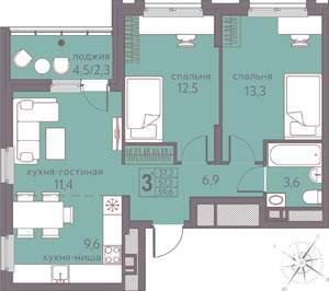 3-к квартира, строящийся дом, 60м2, 12/22 этаж